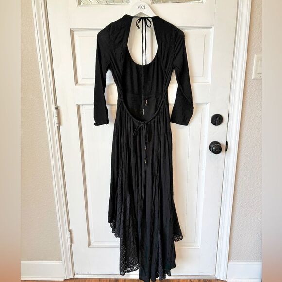 NWT Free People Sea Me Black Maxi Dress Scoop Neck Open Back Lace Long Sleeve - Picture 5 of 7